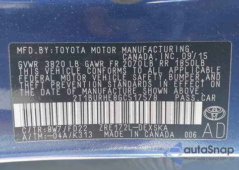 2016 Toyota Corolla S Plus from USA, damaged, VIN 2T1BURHE8GC517578